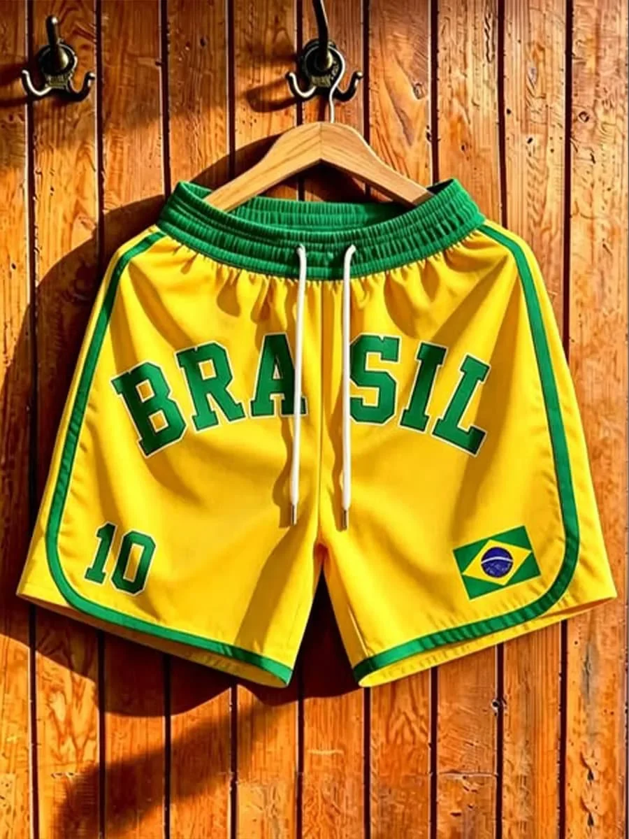 Pantalones Cortos de Fútbol Vintage BRASIL 10 2026 para Hombre, Amarillos con Gráfico de la Bandera de Brasil, Pantalones Cortos Deportivos para Entrenamiento y Running para Aficionados al Fútbol