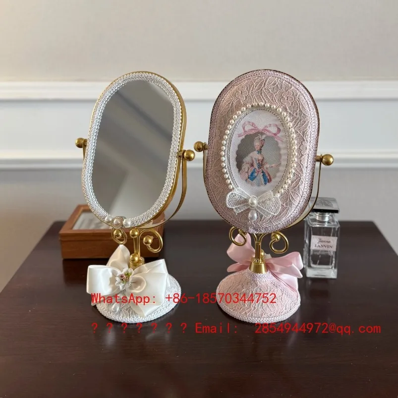 French Retro Pearl Makeup Mirror Lace Princess Dresser Bedroom Tabletop Mirror Oval Rotatable Decorative Mirror