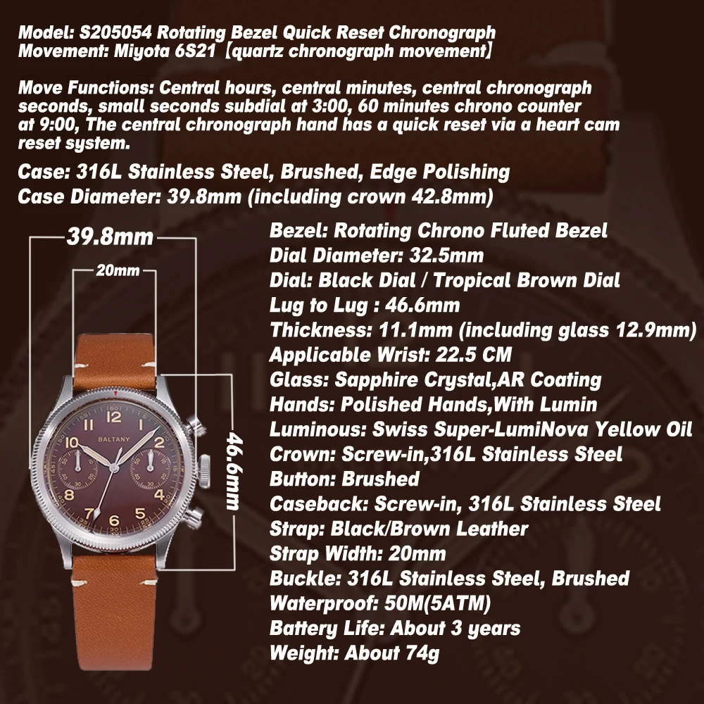 Baltany S205054 Chronograph Rotating Bezel Quick Reset Miyota 6S21 Military Watches Sapphire Crystal 39MM Stainless Steel Watch