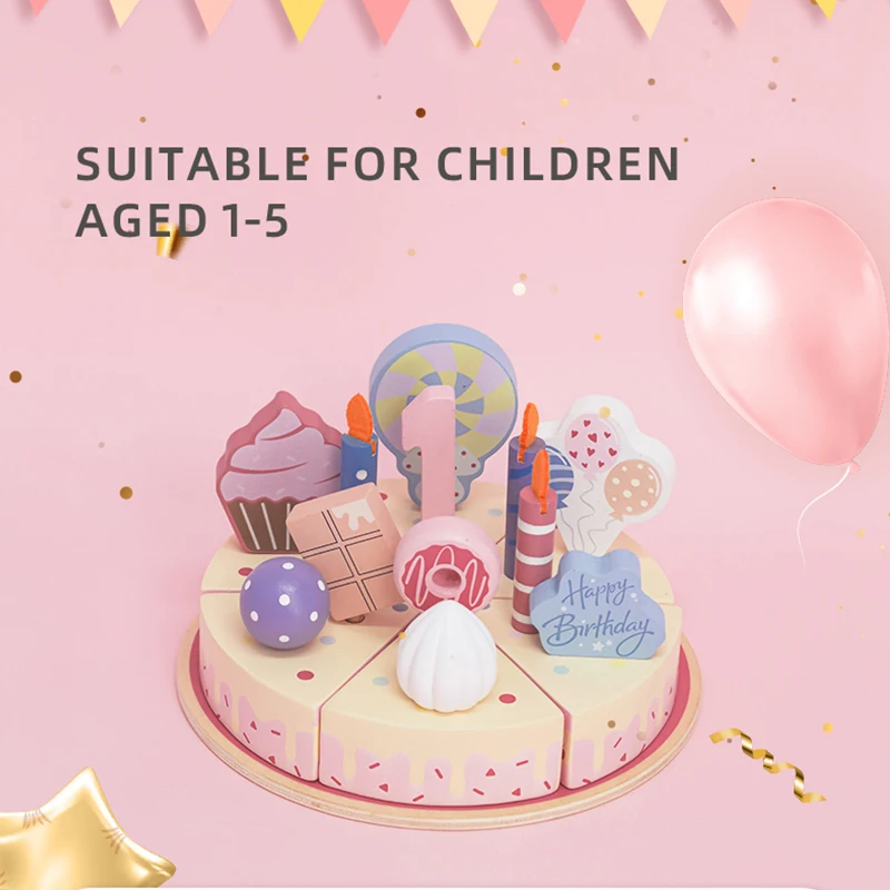 木製アメリカンスタイルの誕生日ケーキプレイセット - 取り外し可能なスライス、キャンドル、デコレーション付きのごっこ遊びおもちゃ、子供たちのパーティーの楽しみに