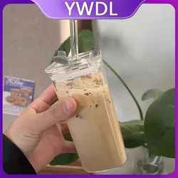 YWDL Heat Resistant Coffee Glass Cup With Lid and Straw Square Transparent Milk Tea Juice Cups Coffee Mug For Home Bar Drinkware