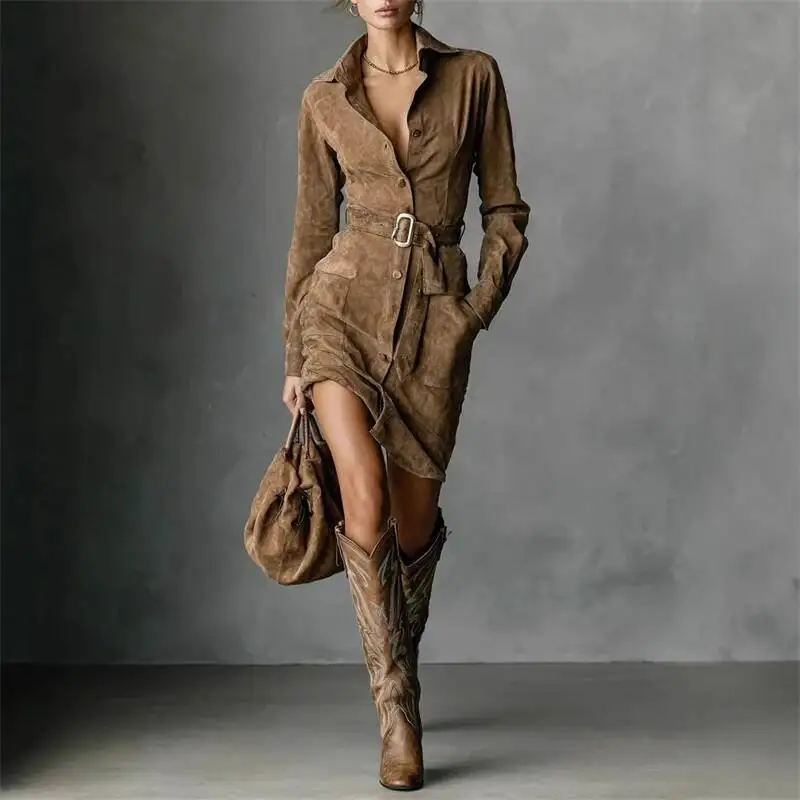 

Single-Breasted Lapel Shirt Dress Autumn Suede Mini With Pockets Long Sleeve Sash Slim For Women Retro Party Office Birthday