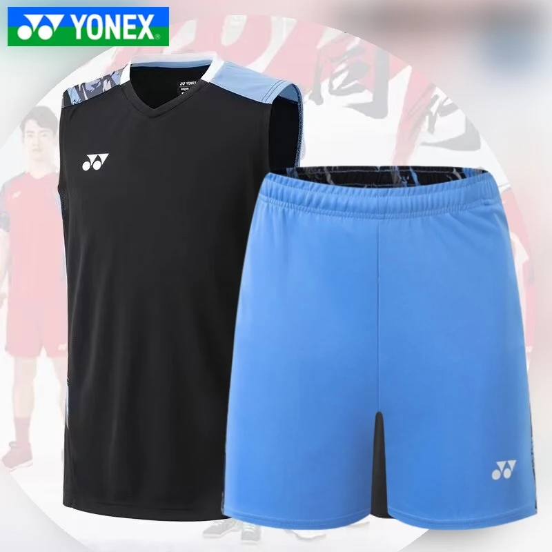 Nuevos pantalones cortos Yonex para hombre, ropa de entrenamiento para juegos de bádminton de manga corta sin mangas de secado rápido, camiseta superior transpirable con absorción del sudor