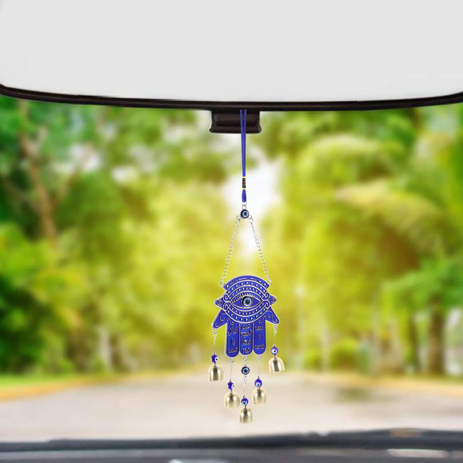 

Blue Hand Shaped Bell Car Hanging Ornament Eye Motif Interior Decor Stylish Automotive Accessory for Vehicle Home Office Use