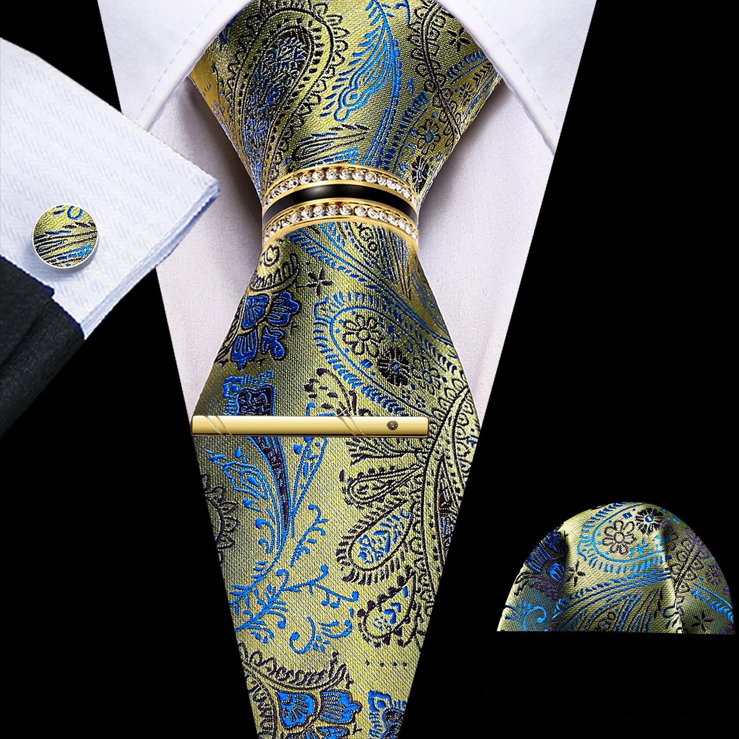 Herren-Krawatte, klassisch, blaugrün, grün, violett, lila, floral, Jacquard, modische Krawatten, Einstecktuch, Manschettenknopf, Clip-Ring-Set, Hochzeit, Party, Event