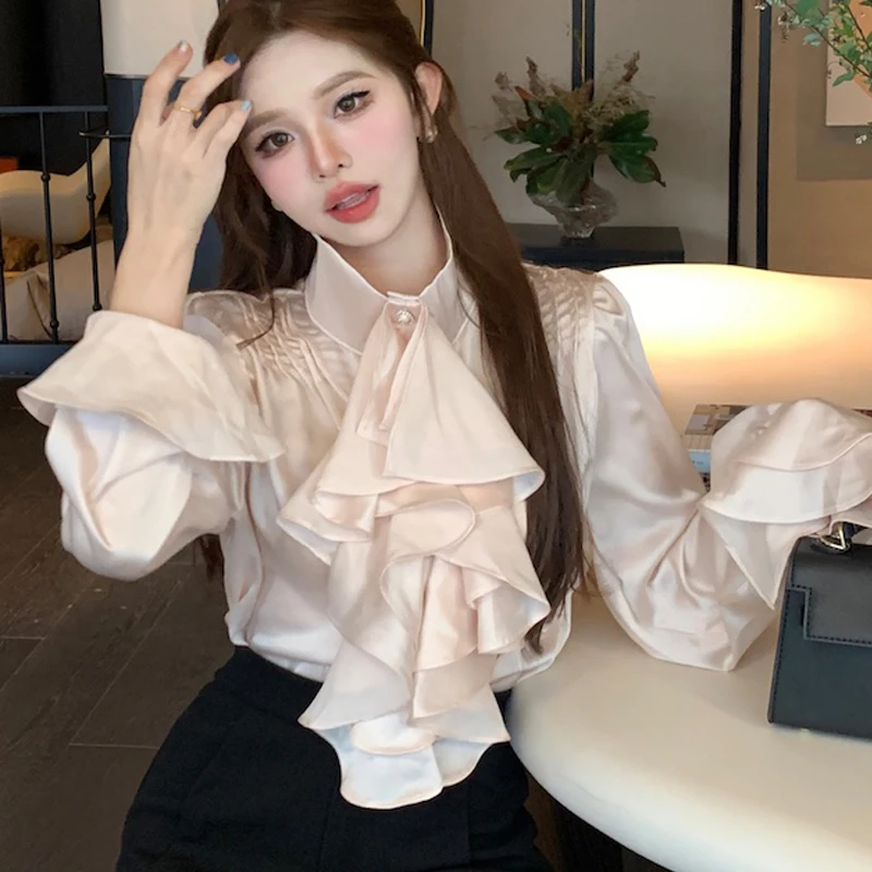 Spring 2023 Single-breasted Women shirt Flare Long Sleeve Ruffles Tops Solid Color Stand collar Office lady Blouse Blusa