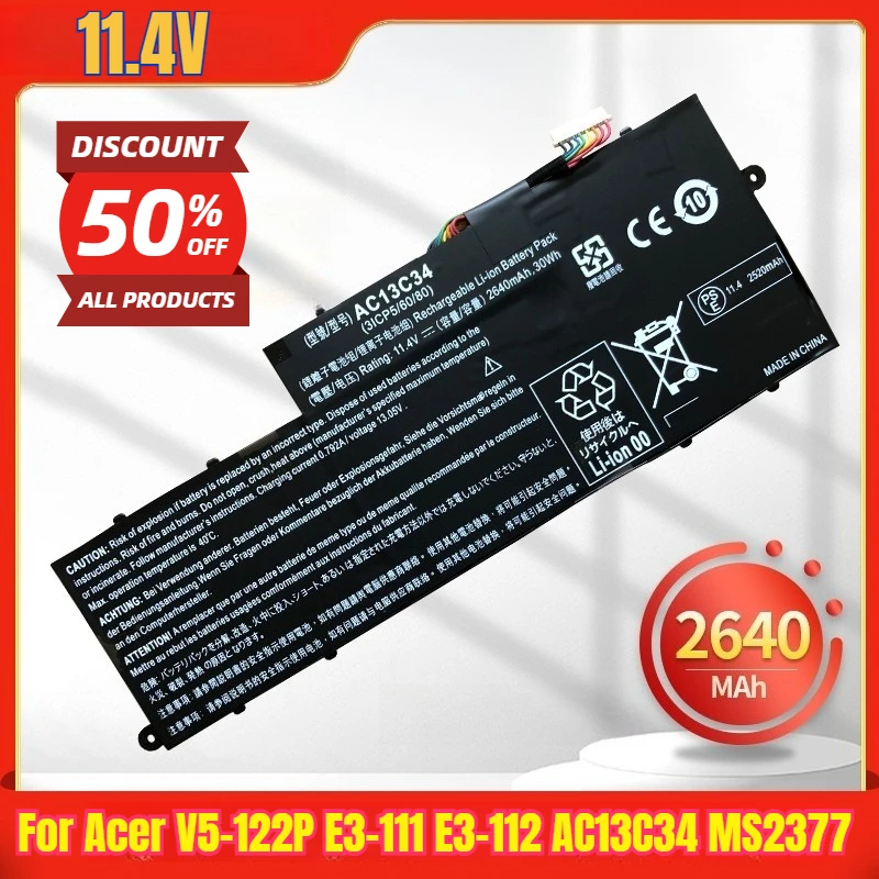 

Аккумулятор для ноутбука Acer V5-122P E3-111 E3-112 AC13C34 MS2377 11,4 В, 2640 мАч