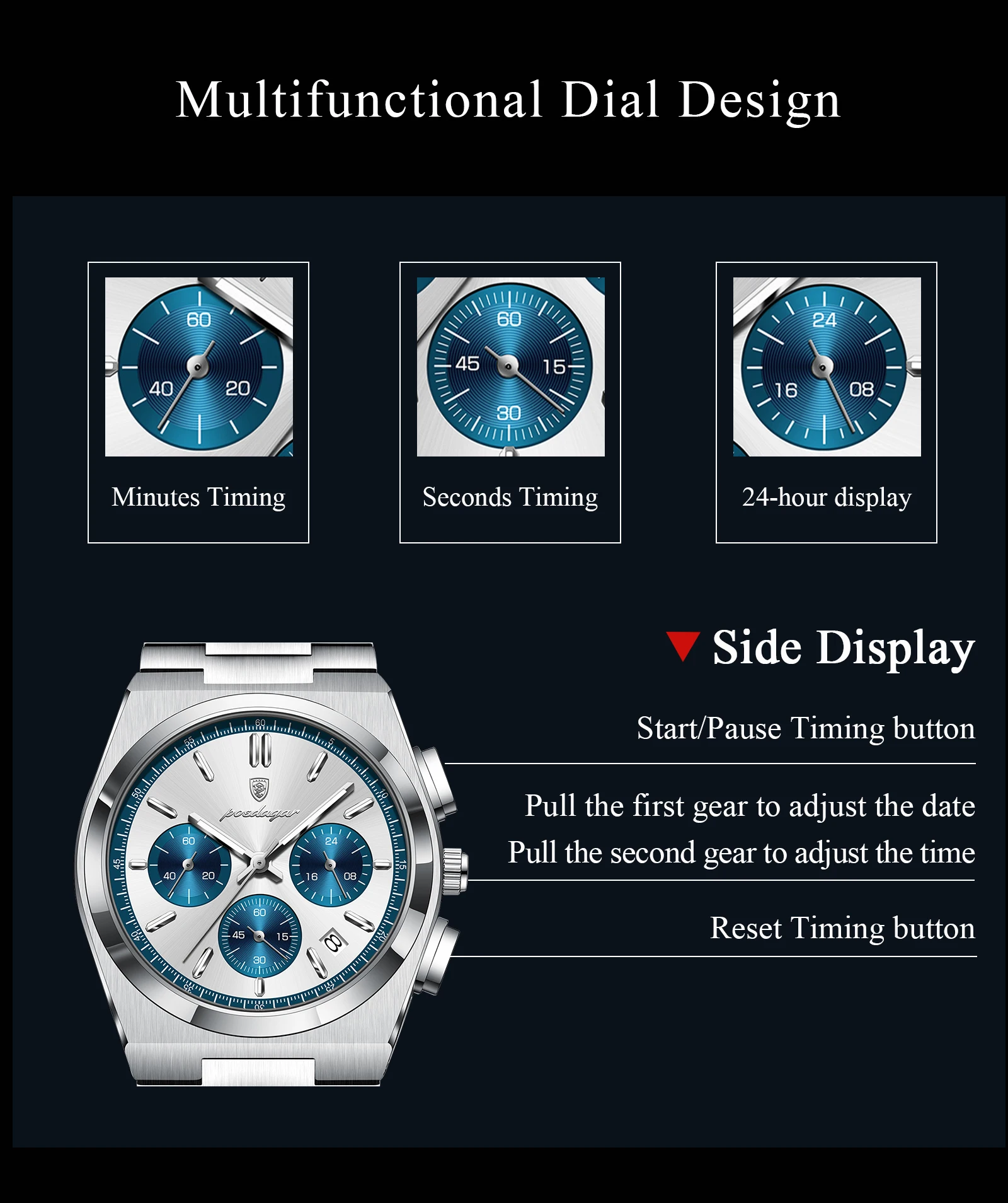 POEDAGAR Top Mode Mann Armbanduhr Chronograph Datum Edelstahl Business Männer Uhr Wasserdicht Leucht männer Quarz Uhren – Detail 8