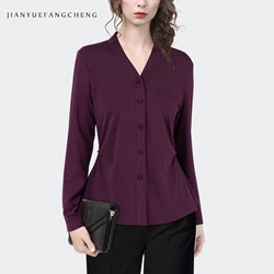 2024 Autumn Elastic Knitted Fabric V-neck Shirt Top Women's Long Sleeve Purple Slim Fit Cardigan Shirt