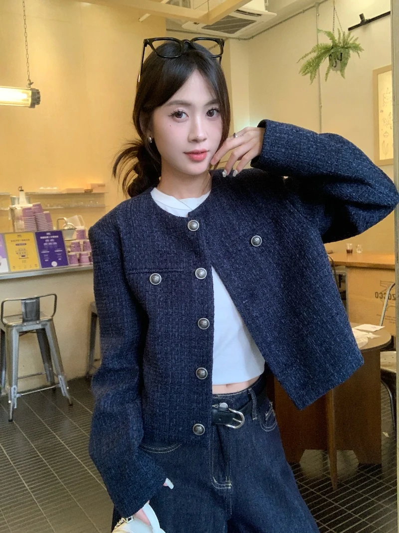 

Tweed Jacket Overcoat Oversize Womens Fall Woven Notched Silhouette Lace-Up Graphic Adjustable Lady Vintage Embroidered Romantic