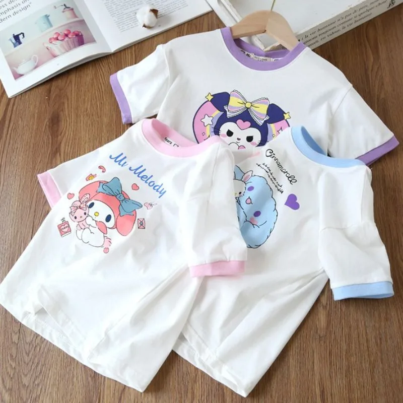 

My Melody Cinnamoroll Anime Kawaii Sanrio Ins Short Sleeve Shirt Cute Kuromi Cotton Baby Hoodie Clothes Gifts for Kids