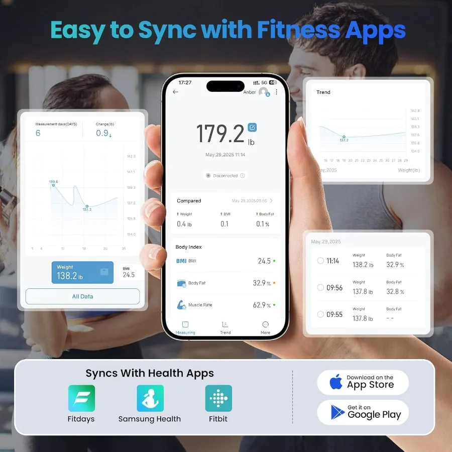 مقياس الحمام الرقمي الذكي لمراقبة الصحة الشاملة مع 20 متريًا للجسم بما في ذلك كتلة عضلات الدهون في الجسم وBomI