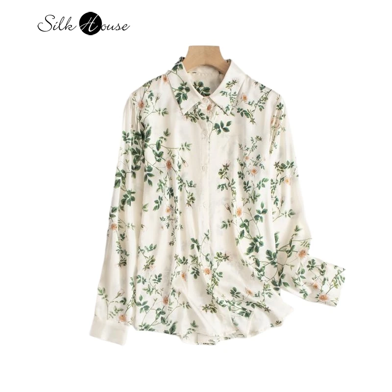 93% Natural Mulberry Silk Elastic Satin OL Style Lapel Versatile Long Sleeved Plant Printed Women's Fashionable Casual Shirt