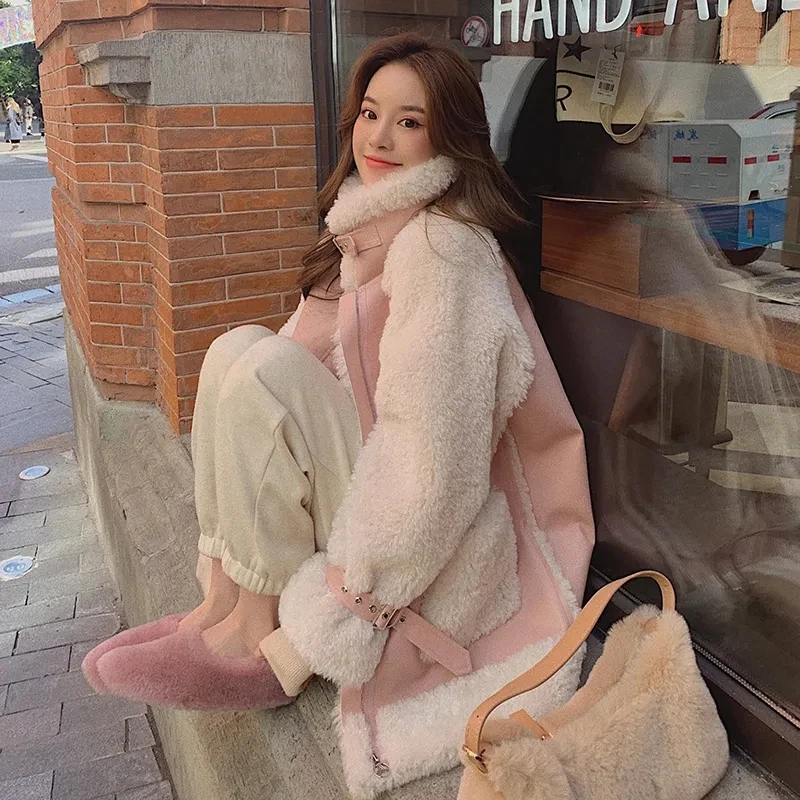 2023 Autumn Winter Women\'s Jacket Plush Leather Fur Integrated Thickened Warm imitation lamb wool Coats Korean Winter Clothes