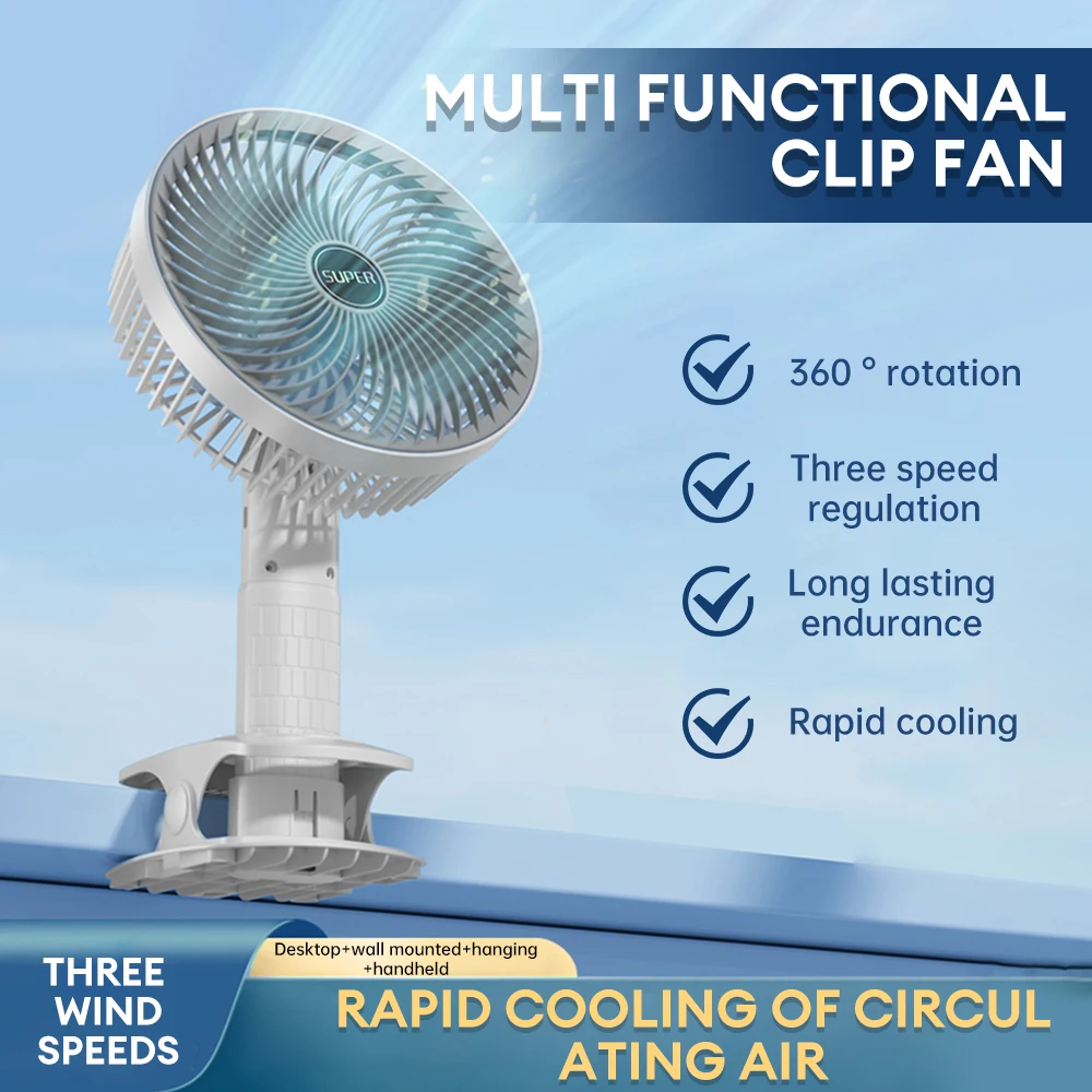 Electric Clip Fan Rechargeable 3 Speed Cooling Fan Wall Mounted Desktop Fan Handheld Cooler for Home Dormitory Travel Camping