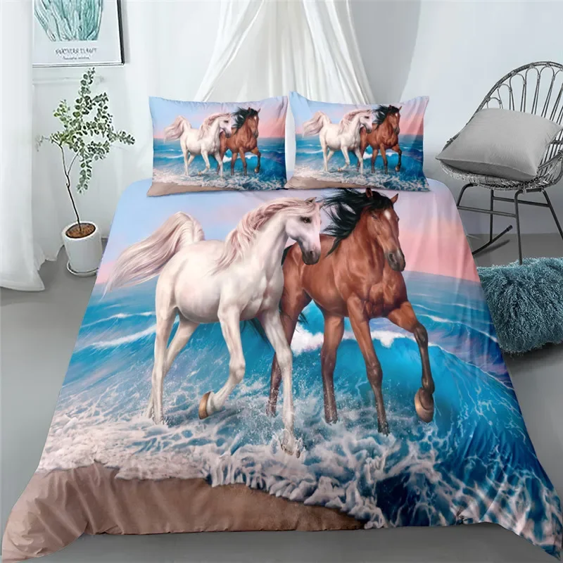 

3PCS Single-sided Printed Series 3d oiling running horse pattern Duvet Cover Bedding Set for Kids Comfortable Breathable Sheet