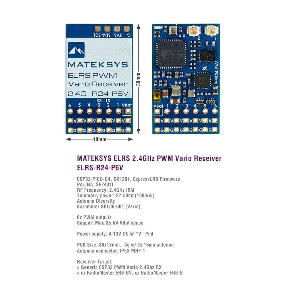 MATEK R24-P6V ELRS RX 180mW EXPRESSLRS 2.4GHZ 6CH PWM VARIO RECEIVER ESP32-PICO-D4, SX1281 For RC Airplane/Fixwing