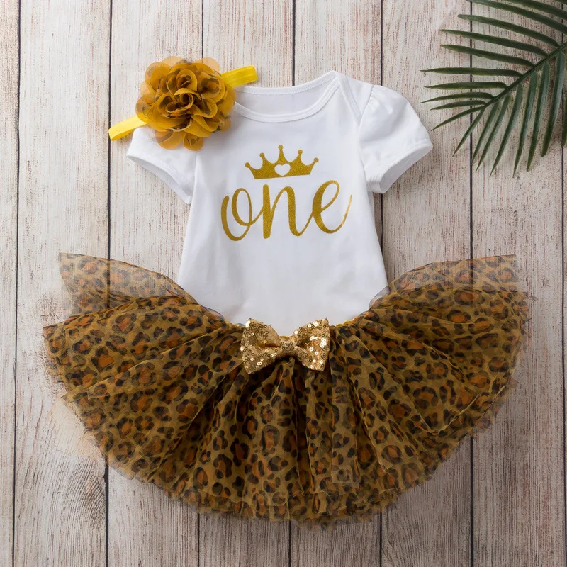Cute cartoon baby girl's clothes, three-piece set including leopard print skirt, baby short-sleeved suit, letter printing