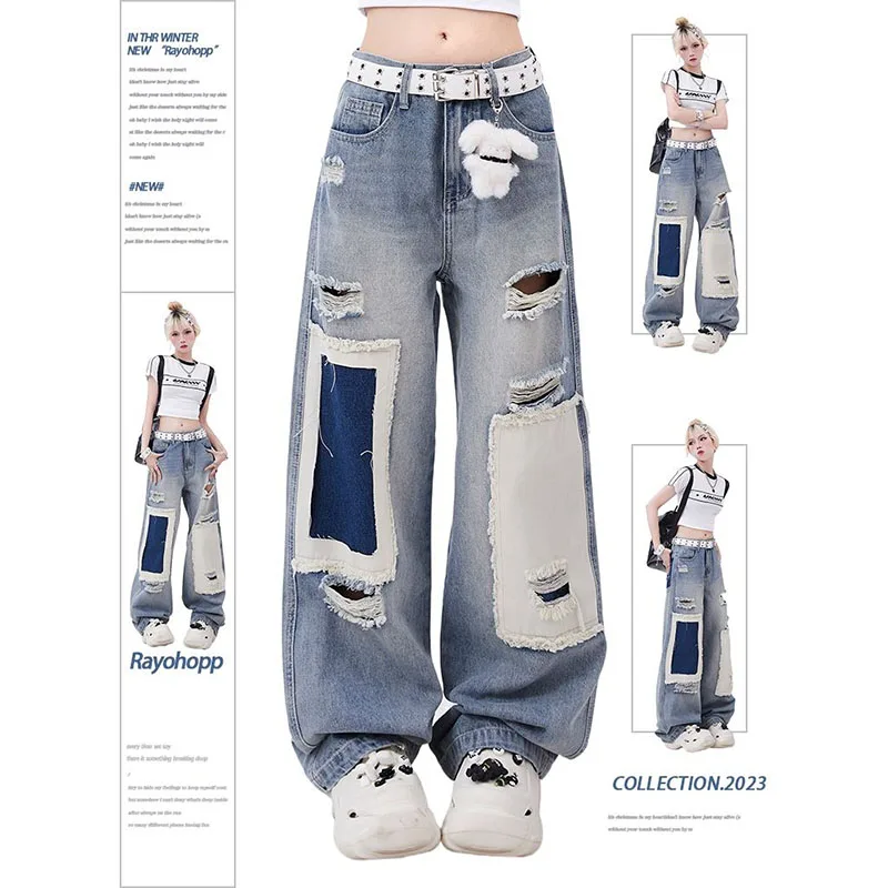 Imagem -03 - Jeans de Grandes Dimensões Remendado Feminino com Bolsos Calças Largas e Retas Soltas Calça Hip Hop Tendência de Rua Alta Primavera e Verão