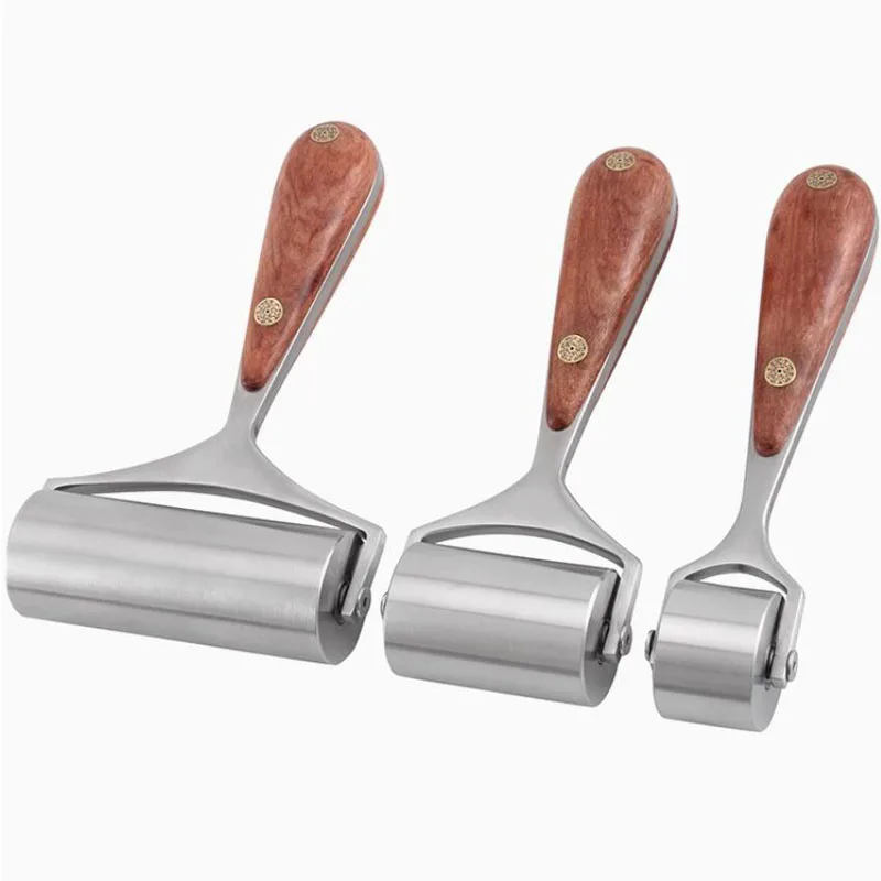 Rol tepi kulit 304 baja tahan karat, roda lem kerajinan kulit buatan tangan DIY dengan pegangan mahoni 25MM/52MM/90MM