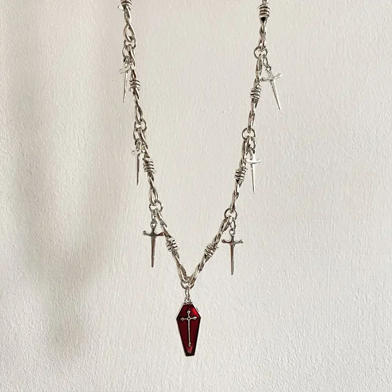 Y2k Cool Girl Gothic Vampire Cross Red Coffin Pendant Necklaces for Women Vintage Silver Color Sword Thorn Chain Party Jewelry