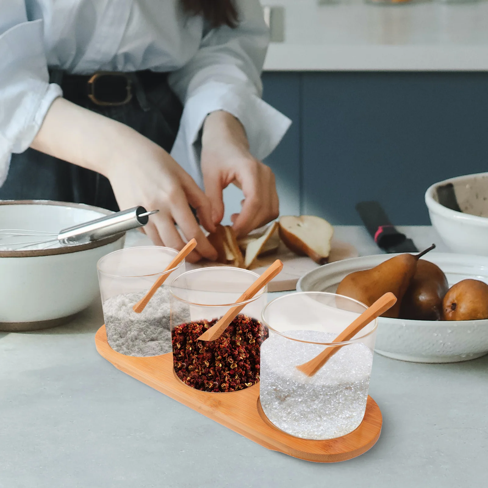 

3 Glass Bamboo Tray Sugar Containers For Kitchen Set Salt Pepper Bowls Round Containers Kitchen Salt Sugar Pepper Storage