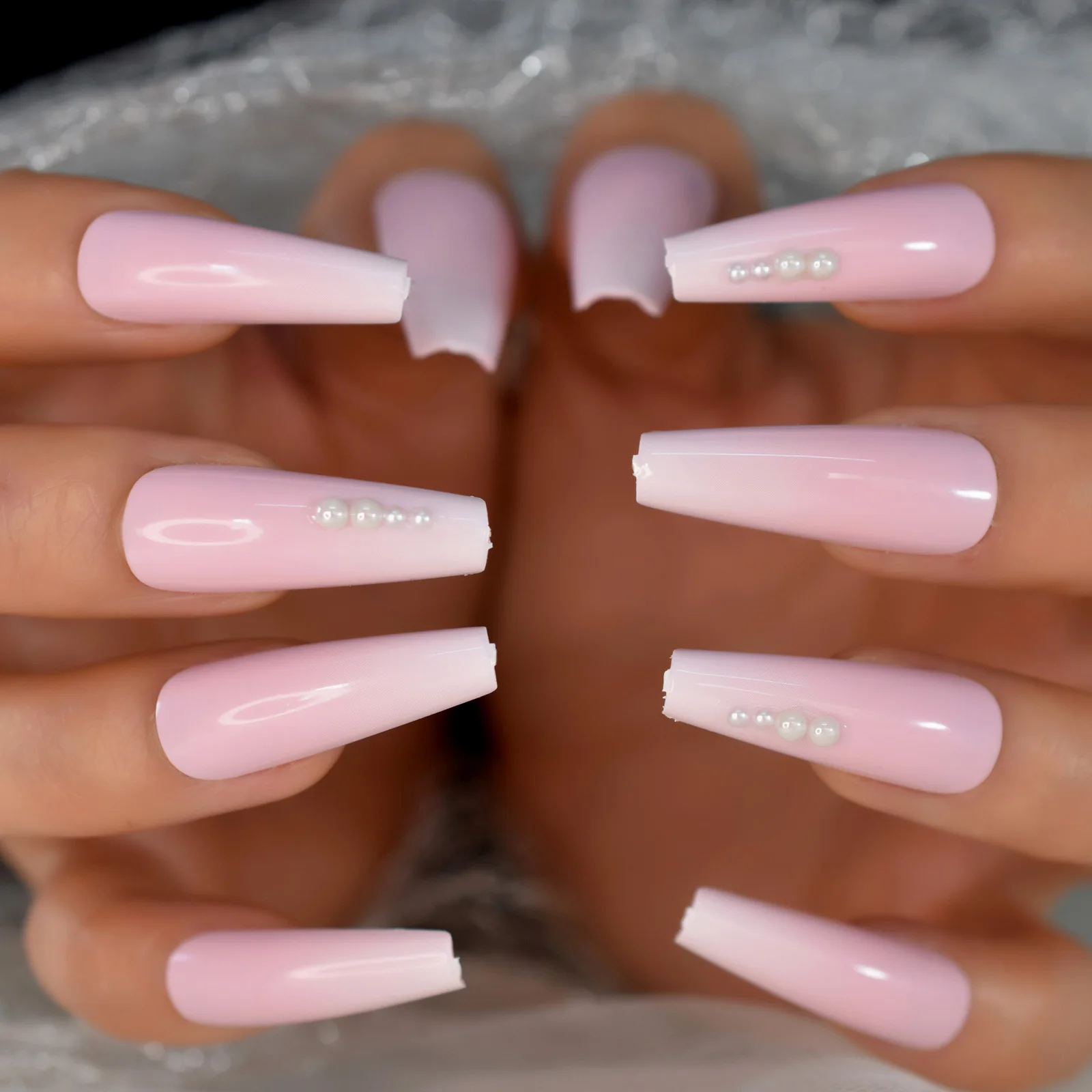 Pearl Pink Fading Nails Coffin Medium Size Wholesale Fake Nails Coffin Shape Manicura Stick On Nails With Tabs 24pcs Set