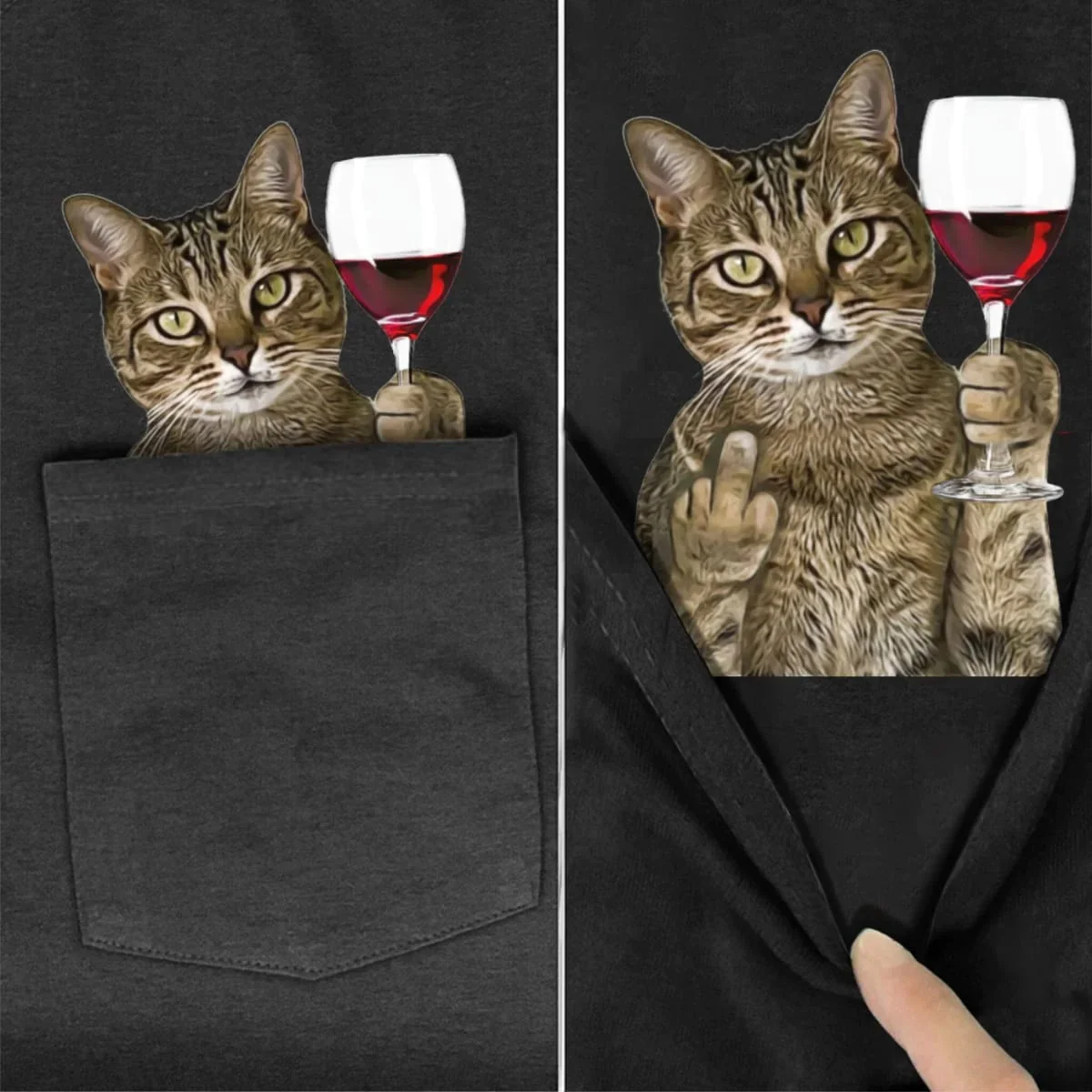 CLOOCL Sphynx T-Shirt Red Wine Middle Finger Cat Pocket T-shirt Men\'s Women Shirts Hip Hop Tops Summer Funny Cotton Tees S-7XL