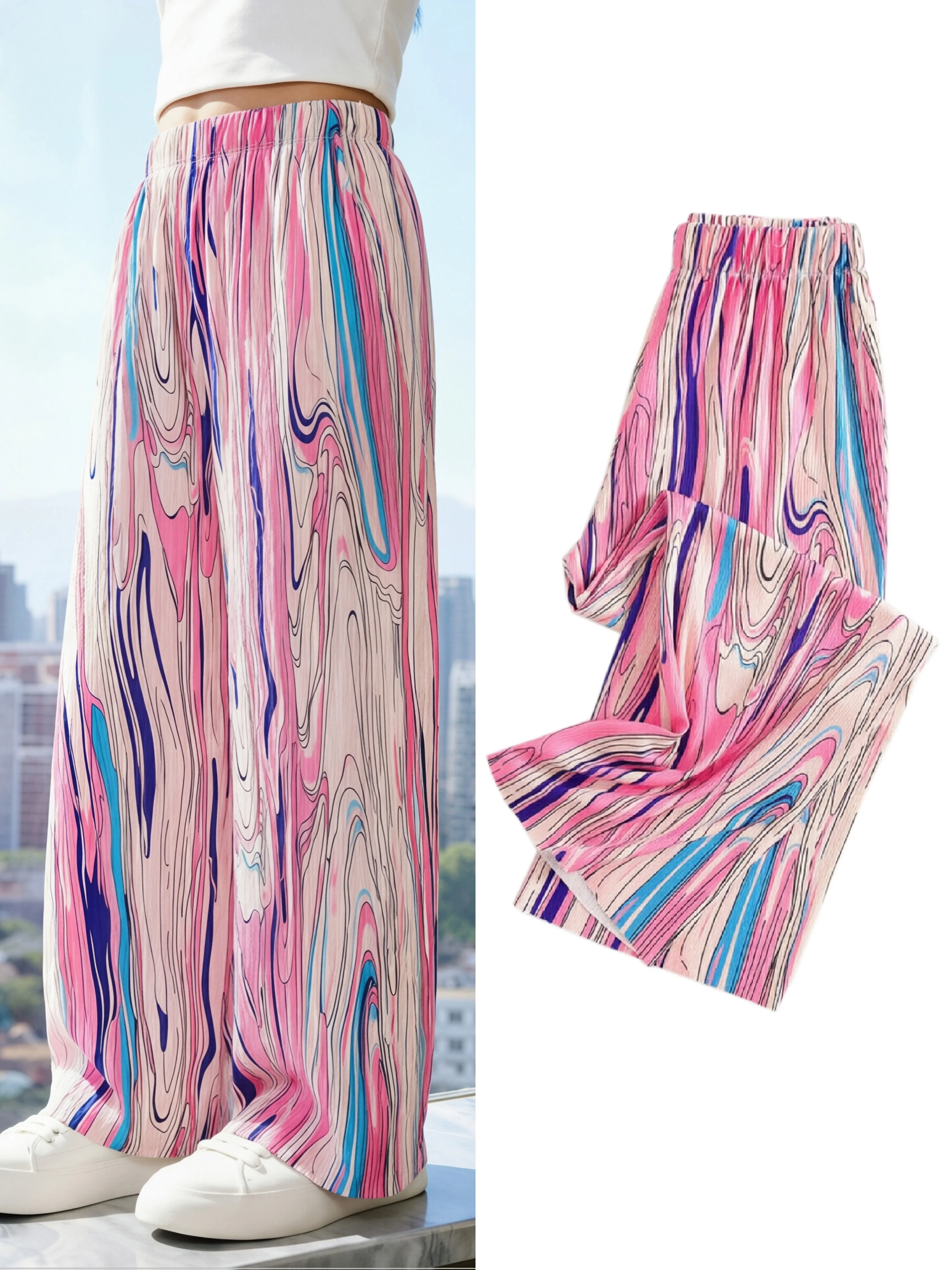 Latest Fluid Stripe Gradient Blending Color Ripple Vacation Style 3D Printing Niche Lazy Style Versatile Pants