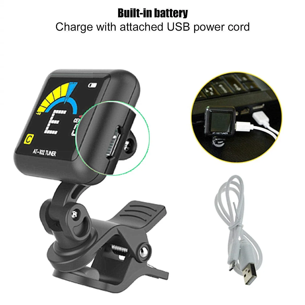 AROMA Gitarrenstimmer AT-Serie, wiederaufladbarer, drehbarer Clip-on-Gitarrenstimmer mit integriertem Akku und USB-Kabel für Gitarre, Bass, Ukulele – Detail 7