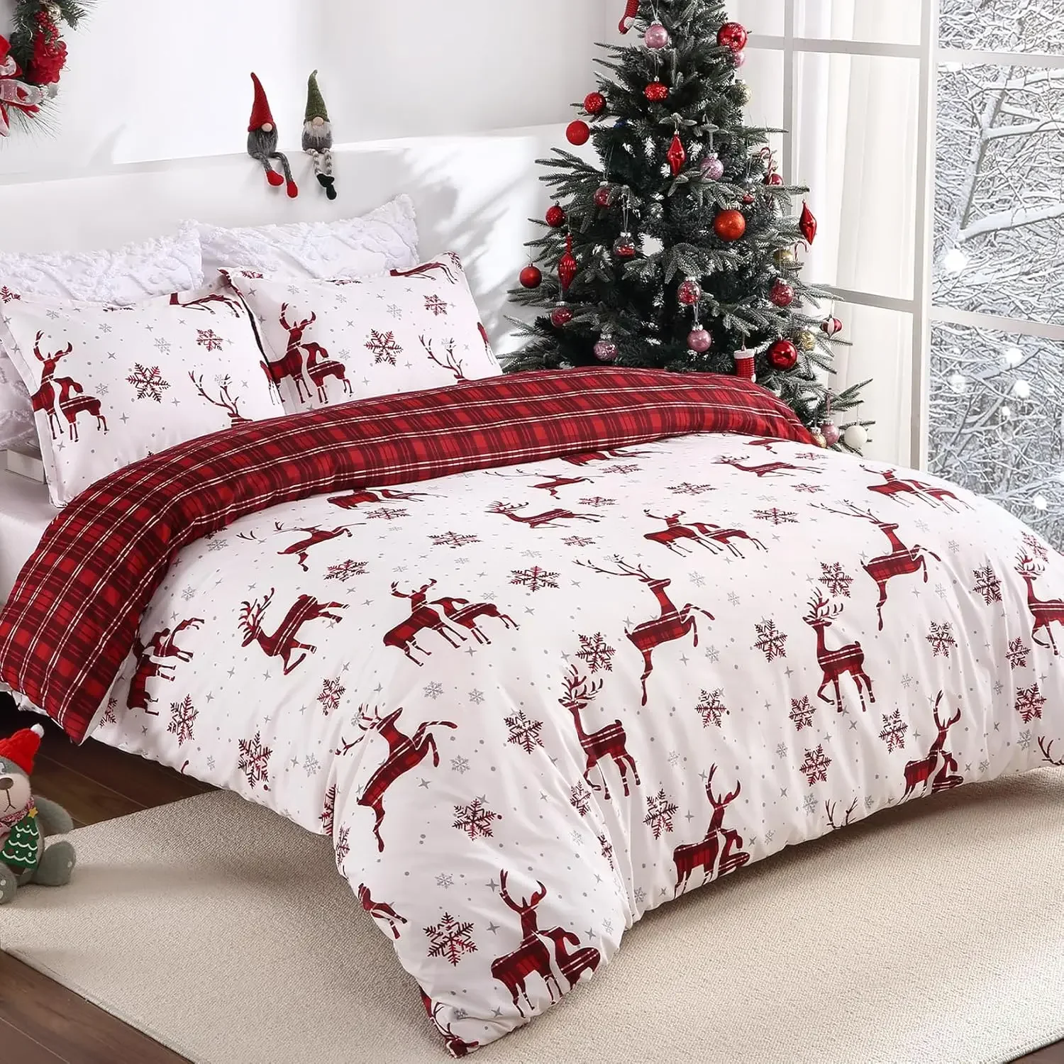 

Merry Christmas Duvet Cover Christmas Elk Snowflakes Red Bedding Set Happy New Year Quilt Cover Holiday Gifts Bedroom Decoration