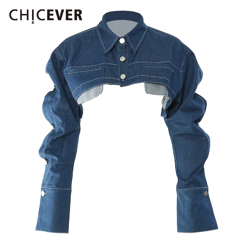 

CHICEVER American Retro Spliced Buttons Short Coat for Women Lapel Long Sleeve Patchwork Folds Sexy Fashion Denim Jackets Female