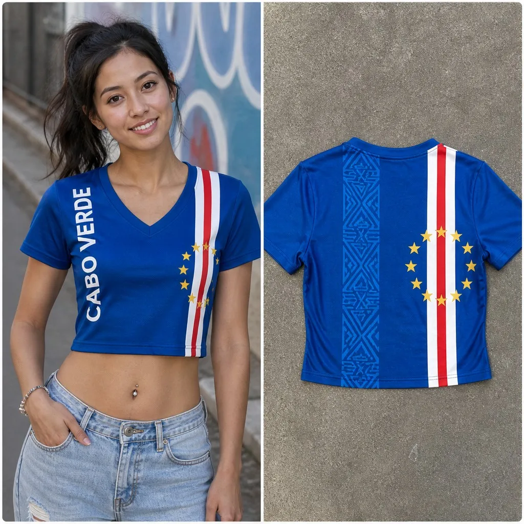 Womens Cape Verde V Neck Short Sleeve Crop Top Vertical Stripe Star Print Urban Casual Summer Shirt for Street Travel Daily Wear