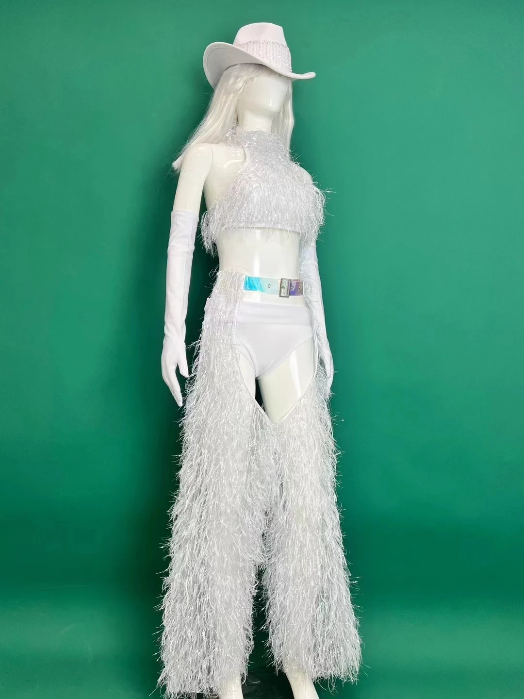 White Sexy Plush Tops Pants Set Bar Nightclub DJ Leading Dancer Dance Team Costume Women Singer Concert Performance Stage Wear