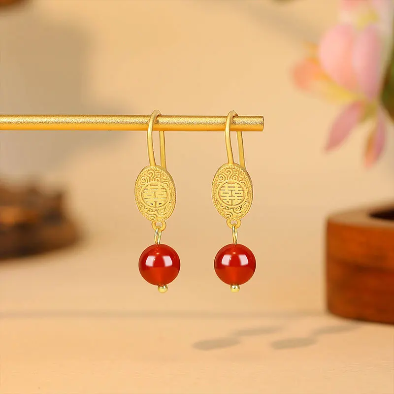 Natural Red Jade Bead Earrings Talismans Real Jewelry Luxury Charm 18K Gold Plated Designer Amulet Vintage Gifts for Women