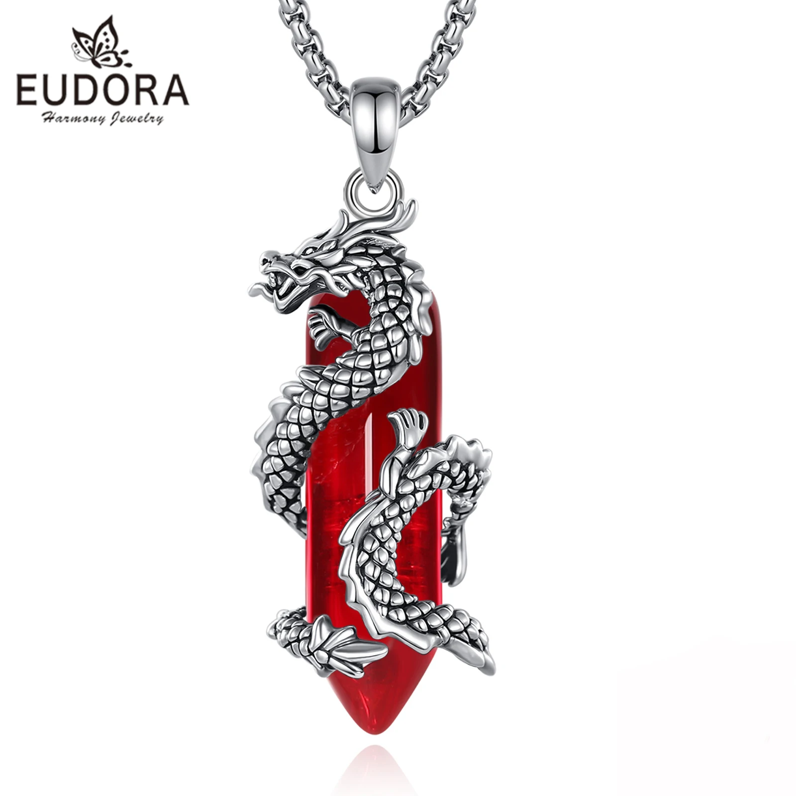 Eudora Dragon Twining Hexagonal Carnelian Prismatic Necklace Punk Healing Stone Crystal Pendant Fine Jewelry for Women Man Gift
