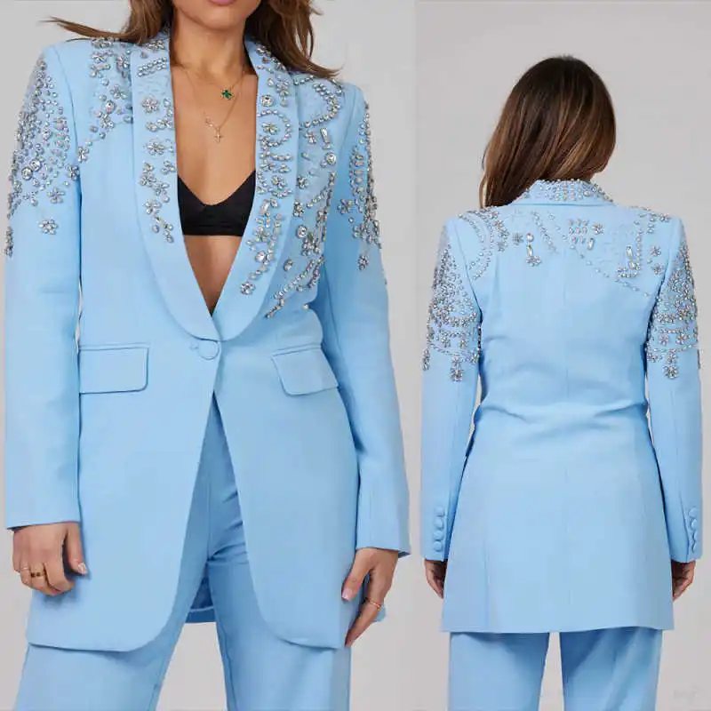 

Delicate Women Suit 2 Pieces Jacket Pants Crystal Appliques Mother Of The Bride Suits Formal Business Office Party Customized