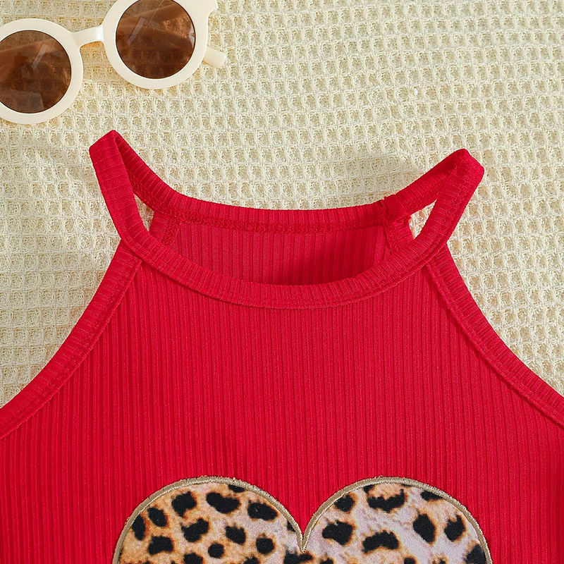 Red Heart Leopard Print Girls Vest and Bow Shorts Set with Hat Suitable for Summer Vacation