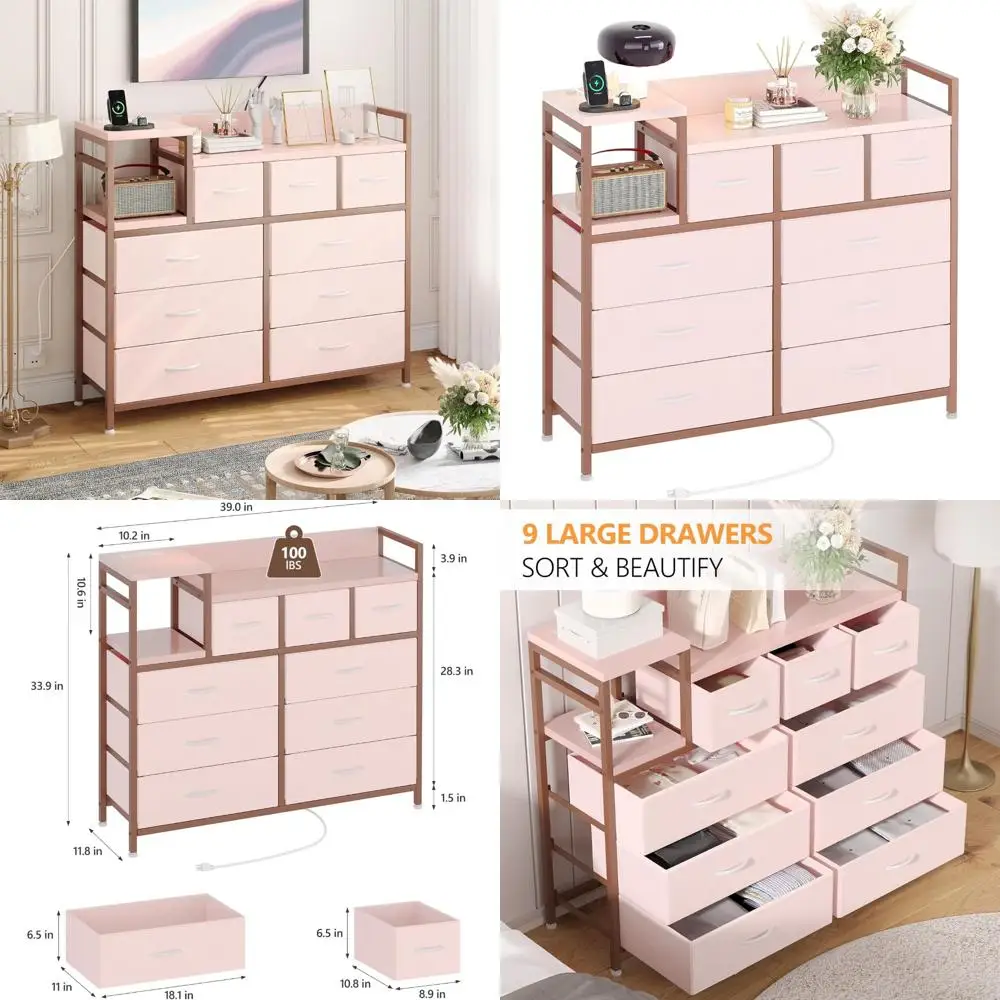 

Charging Station TV Stand for Living Room with 9 Drawers, Bedroom Dresser in Pink, Stylish Entertainment Center
