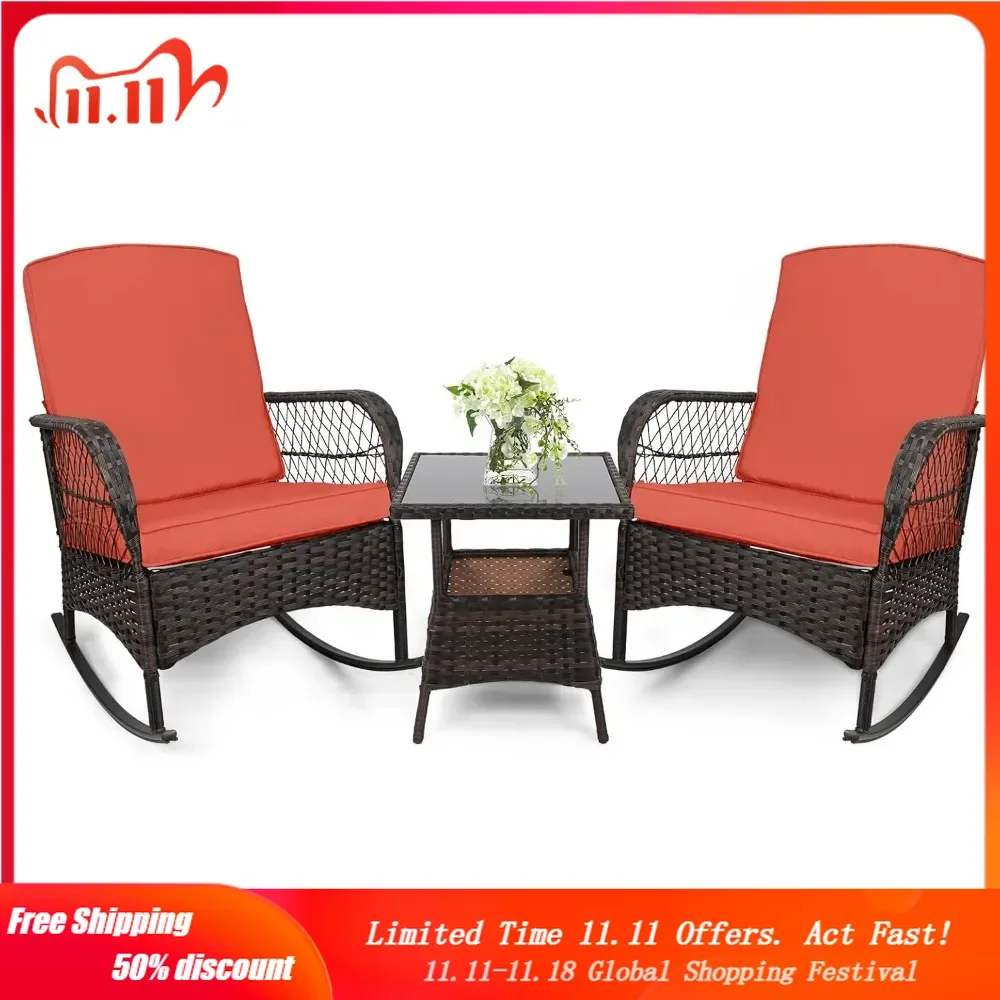 3 pcs Rocking Bistro Set Conversation Chairs PE Wicker Outdoor Rocking Chairs(Rocking Set,Orange Red)