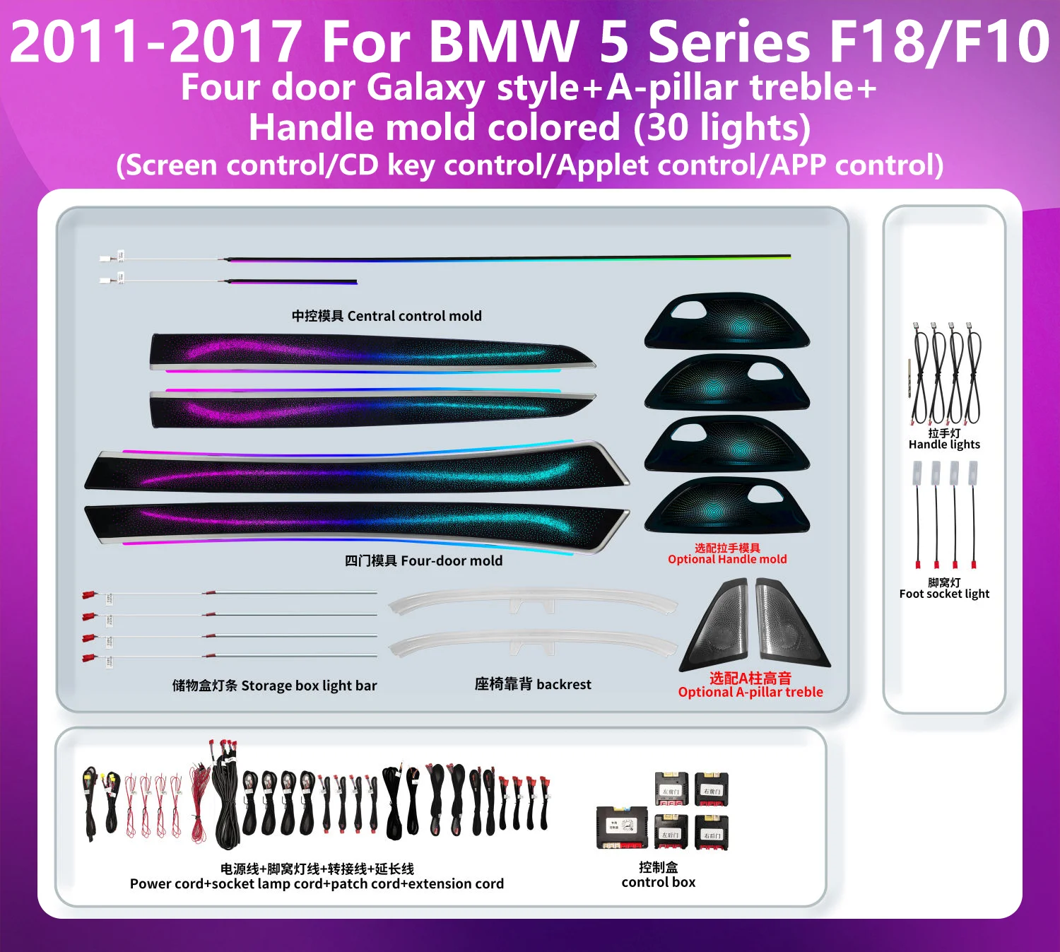 Dynamic Color Changing LED Car Interior Ambient Light Integrated All-in-One Upgrade GALAXY Kit Designed for BMW 5 Series F18 F10