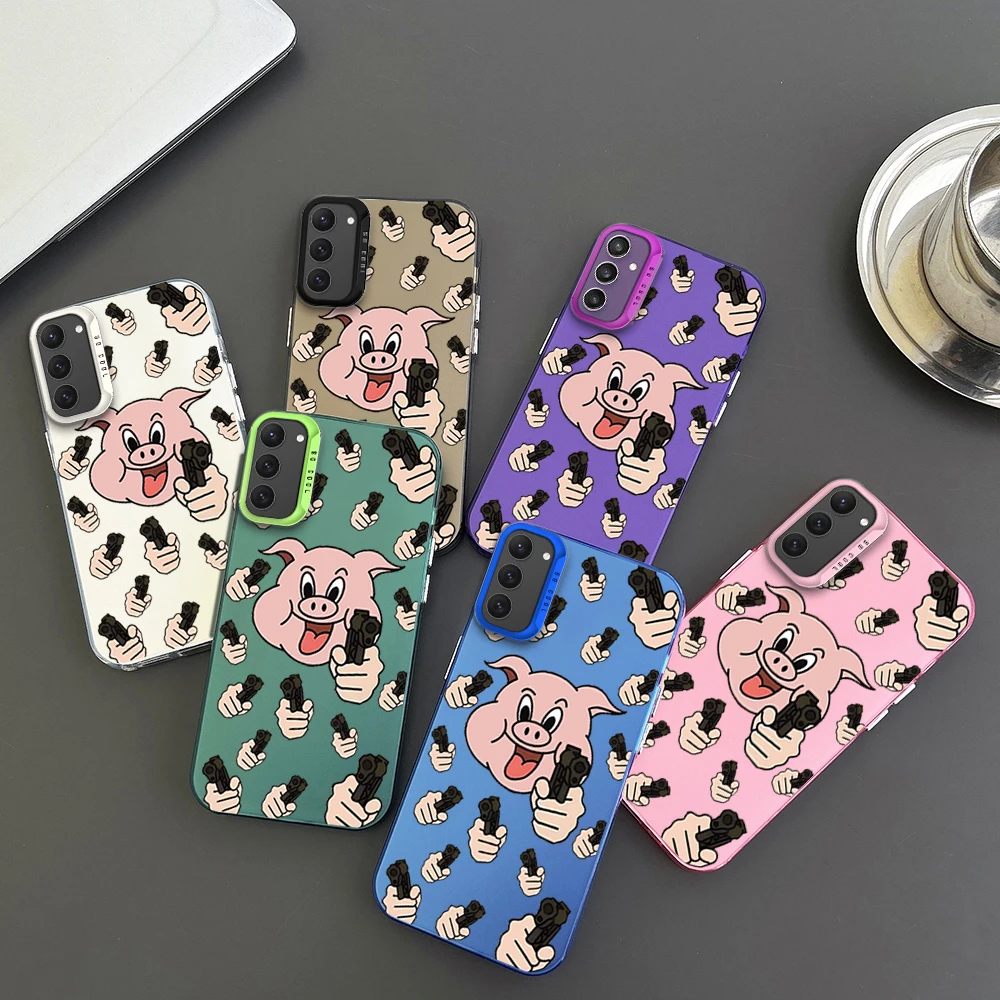 Cartoon Shoot Powder Pig Phone Case For Samsung S23 S24 S22 A71 A55 ULTRA PLUS FE Electroplated Silver IMD Laser Color Shell