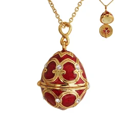 Vintage Enamel Faberge Style Easter Egg Pendant,18K Gold Plated Necklace Jewelry Locket Crystal Clover Gift for Women Girls