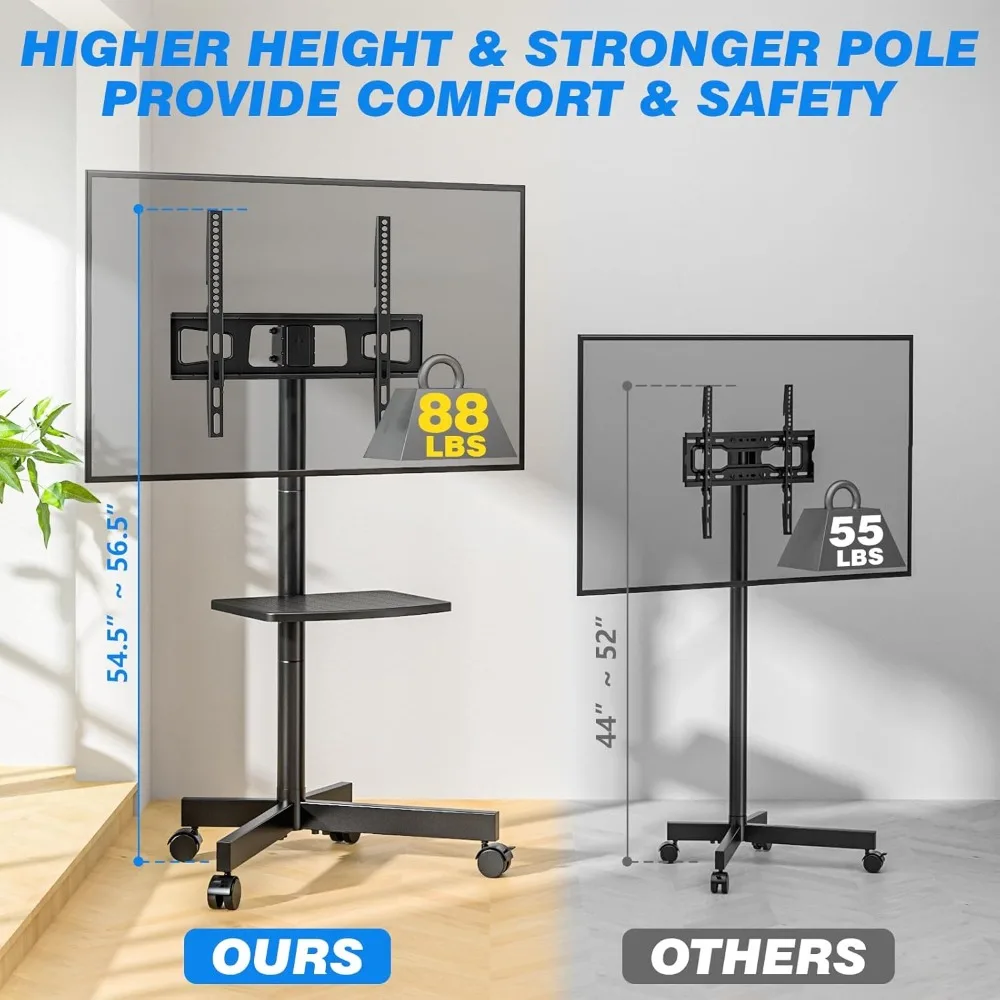 حامل تلفزيون دوار قابل للتعديل لأجهزة التلفاز مقاس 2365 بوصة حتى 88 رطل، عربة متنقلة بعجلات صامتة لغرفة المعيشة أو المكتب