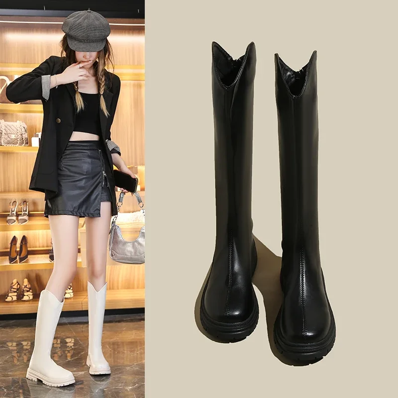 

V-shaped Women's Thick-soled Boots Autumn and Winter Knee-high Boots Chelsea Elegant Back Zipper Outdoor Fashion Botas Mujer