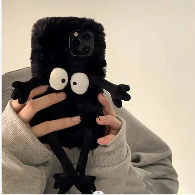 Plush briquettes soft Plush Phone Case For iPhone 11 12 13 14 Pro XR X Xs Max mini 7 8 6 6s Plus MAX 5 5S SE 3D Fur Back Area