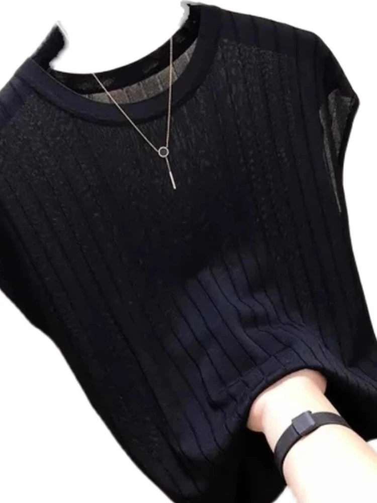 Faionable Pure Color Ice Silk Gestrickte runde Ne ort Sve Summer Thin Top Commute Sle Small ence High-End Feeling