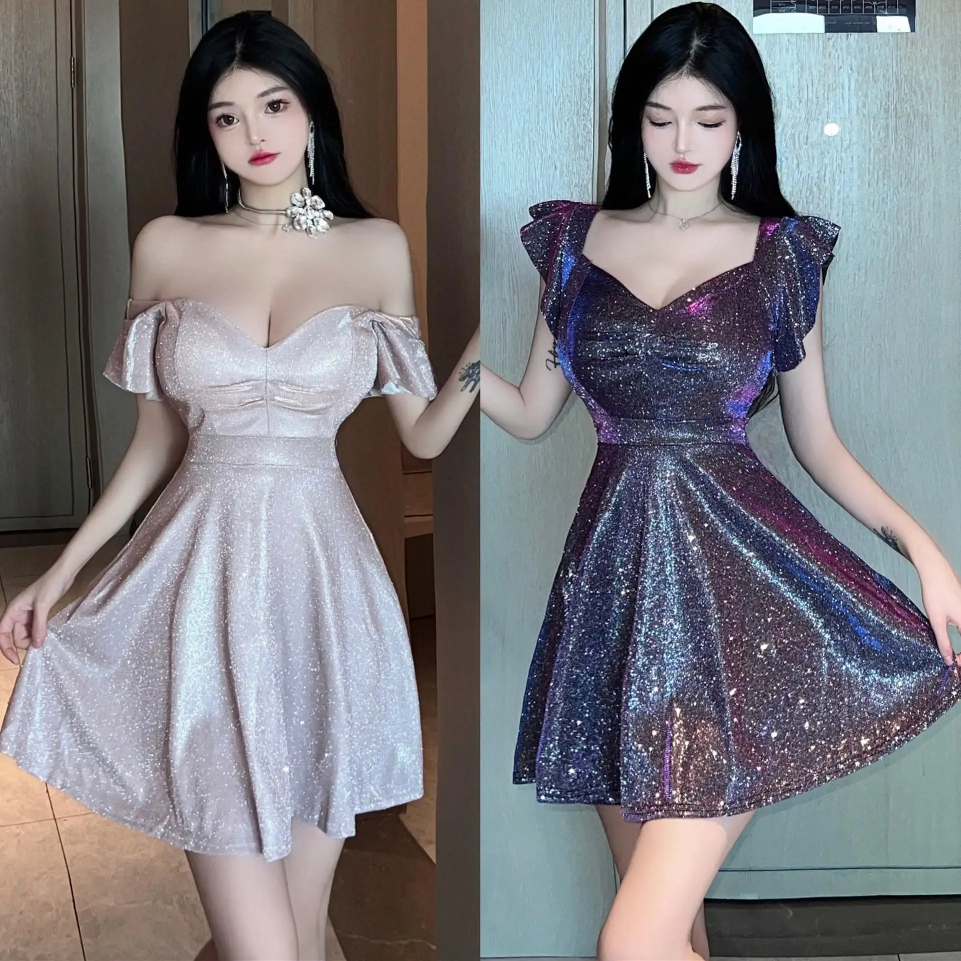 

Sexy Low Cut Backless Short Skirt Dress with Flying Sleeve Square Collar Nightclub Women's Slimming Dress High Waist PVC Mate...