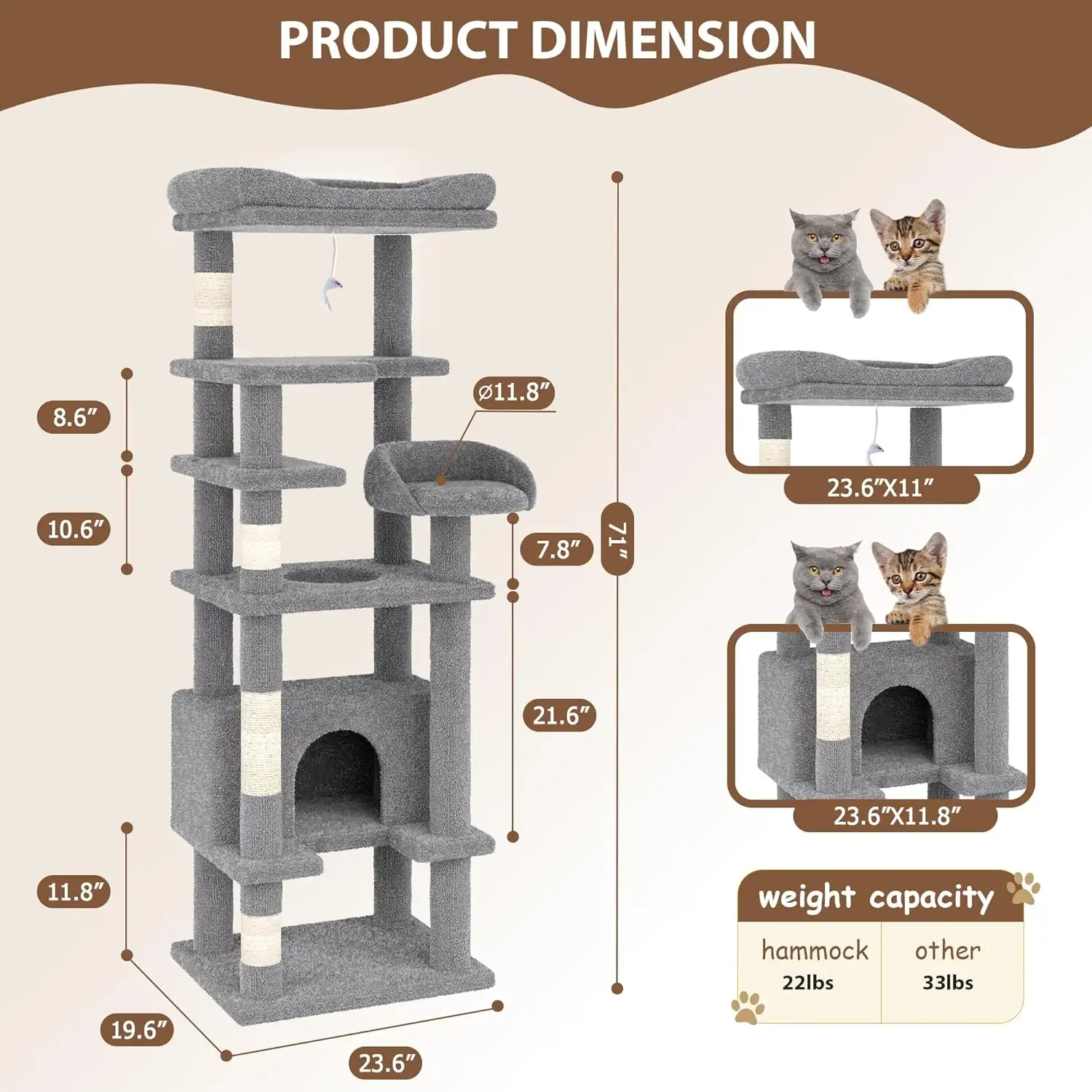 71 pol. Torre de árvore para gatos, móveis de condo, poste para gatinhos, casa de animais de estimação, brincar