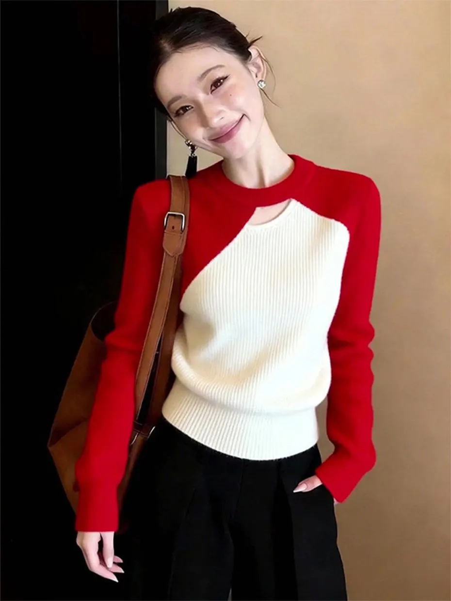 

Spring 2026 Asymmetric Splice Long Sleeve Knitted Top Women Commute High-End Loose Style Slimming Top Korean Style Regular Fit